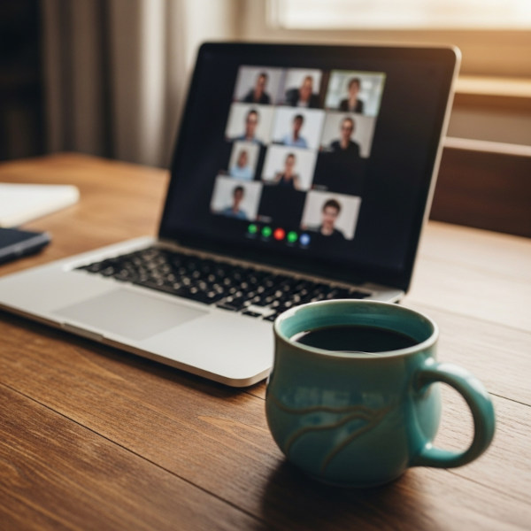 Person using laptop for online video counselling session from home office setup